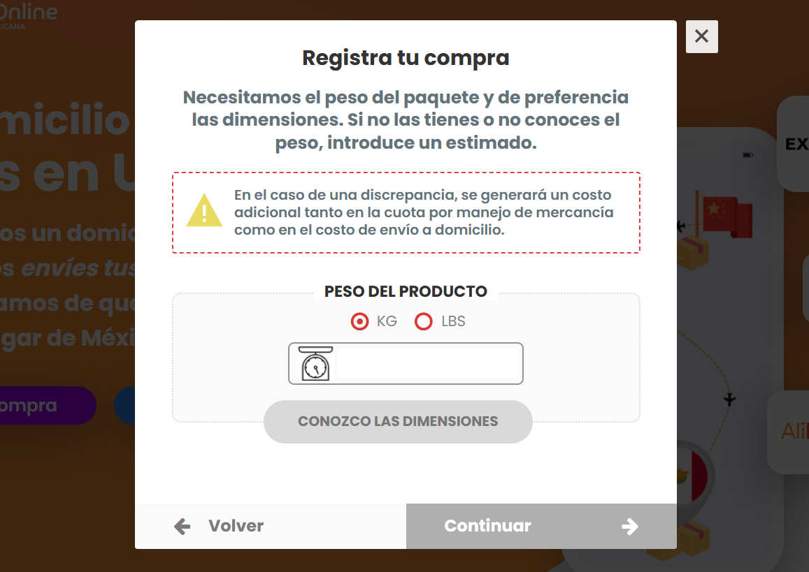 Ilustración para ingresar el peso del paquete