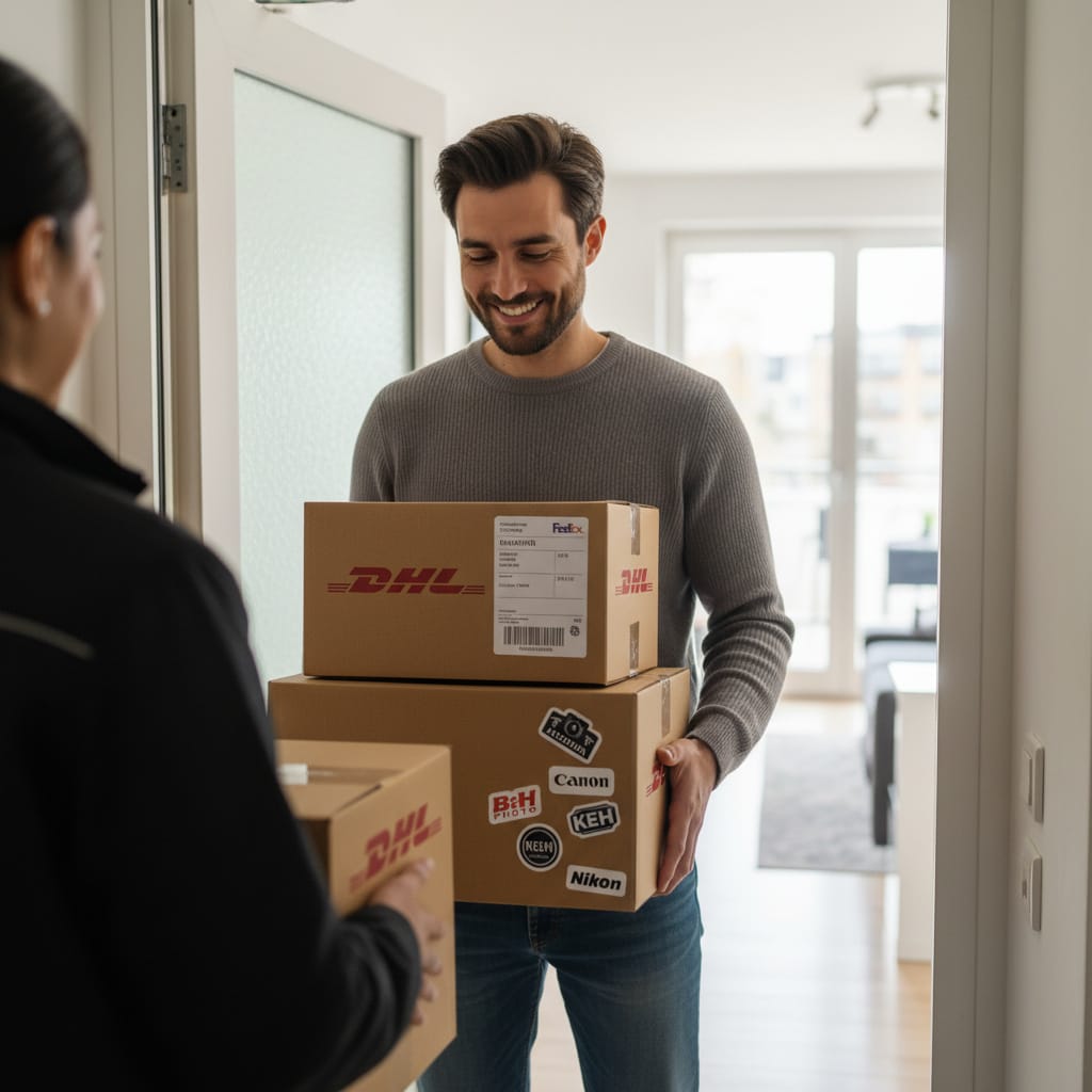 Manuel recibiendo sus paquetes.