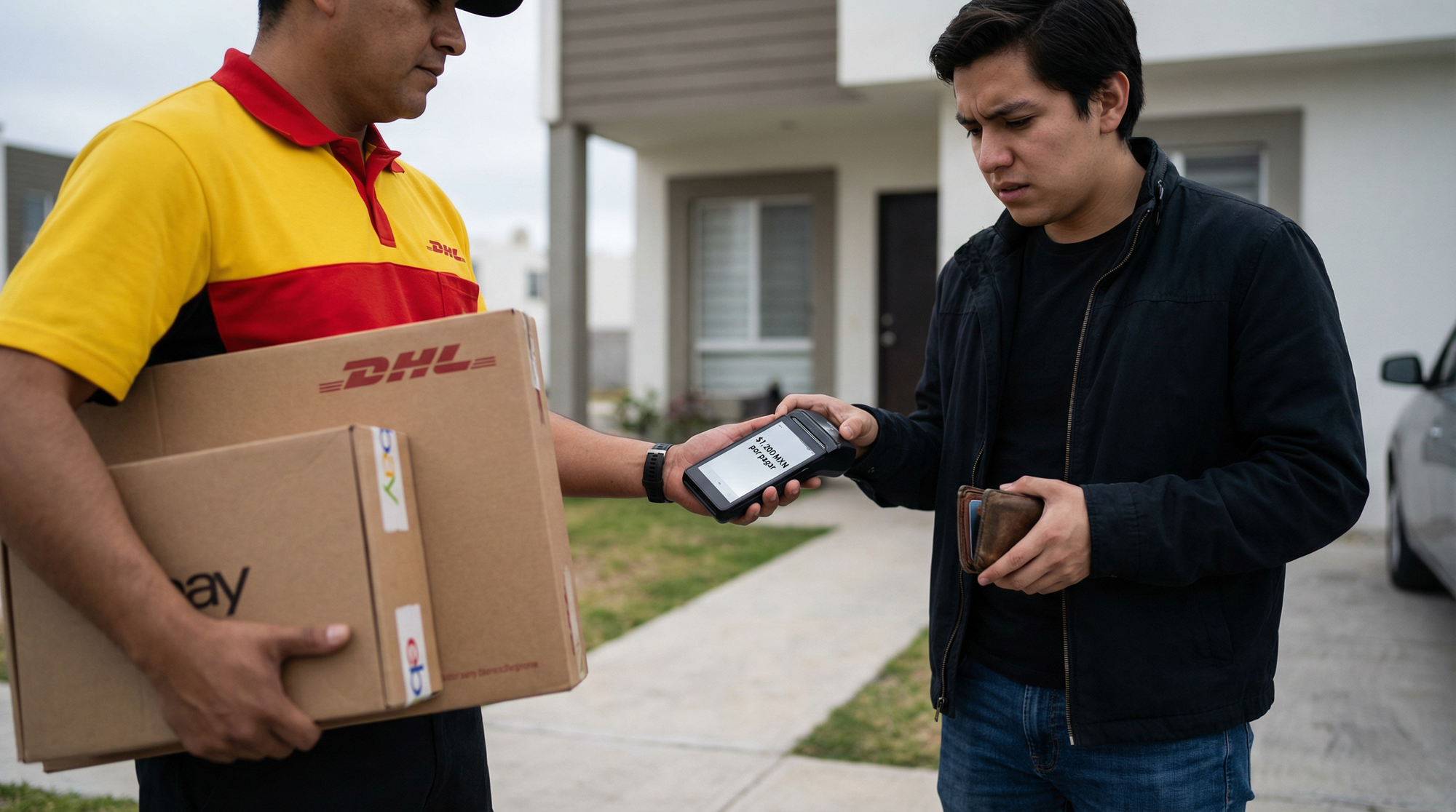 Persona molesta pagando impuestos sorpresa a paquetería