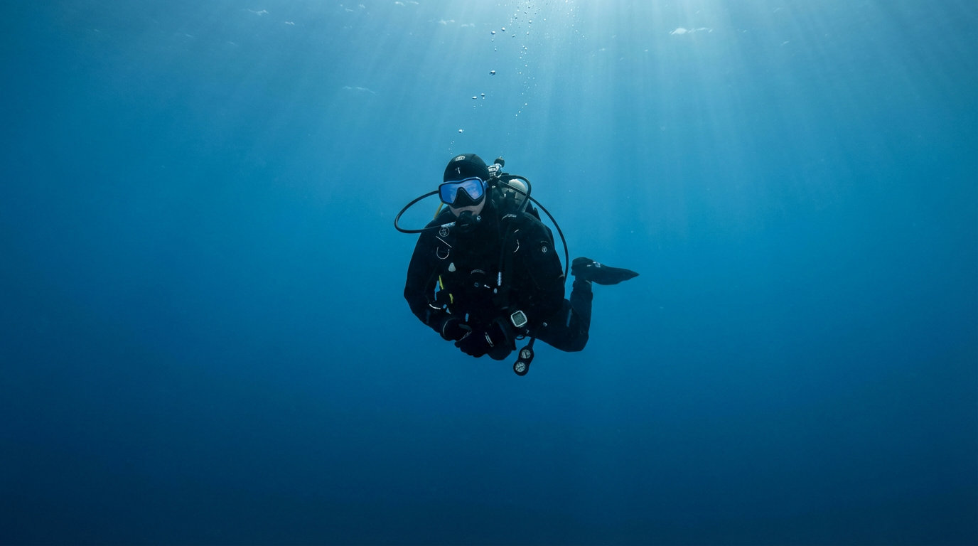 Scuba Diver en Paz en el Oceano Azul