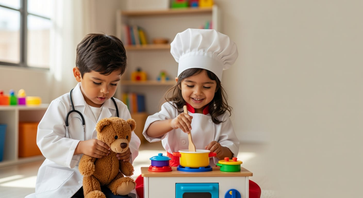 Par de niños jugando al doctor y cocinero