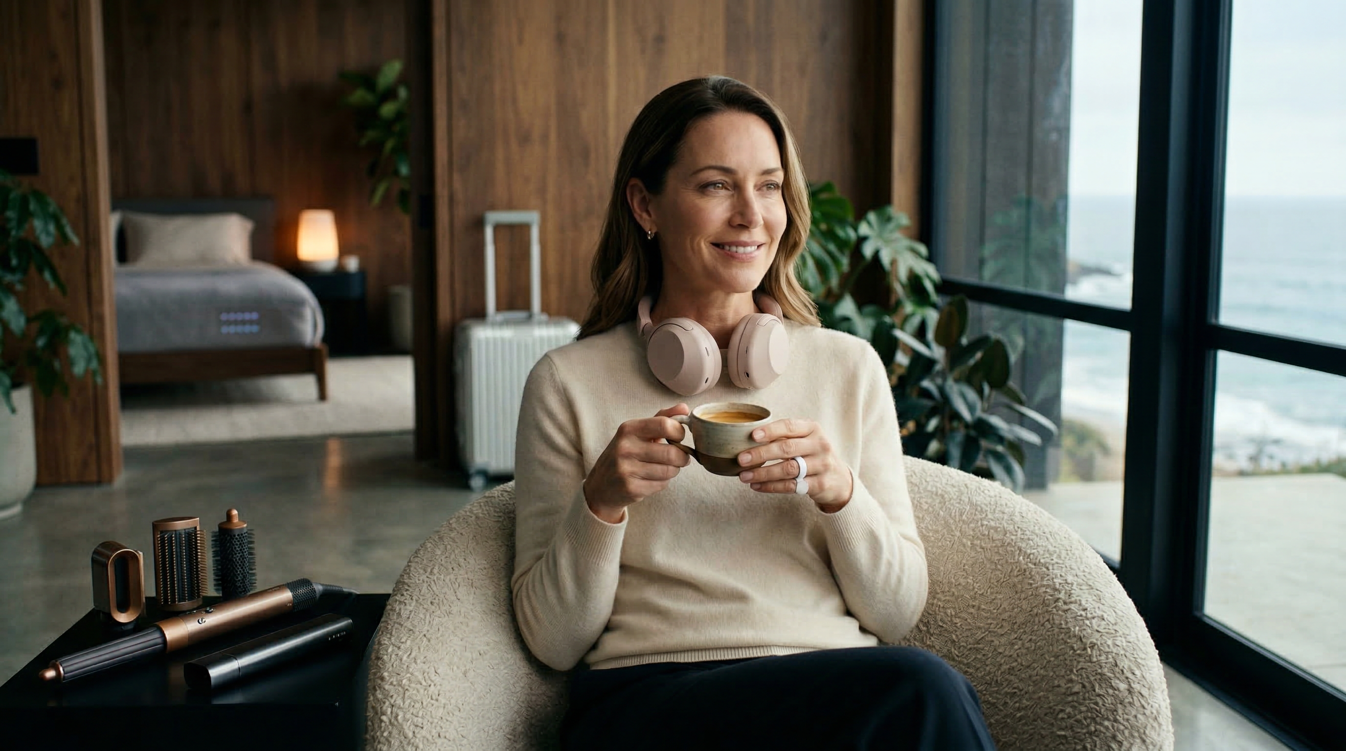 mamá tomando café con todos sus regalos