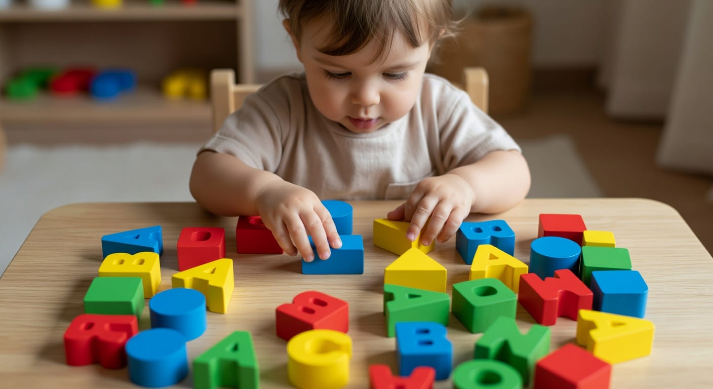 niño pequeño jugando con letras y números