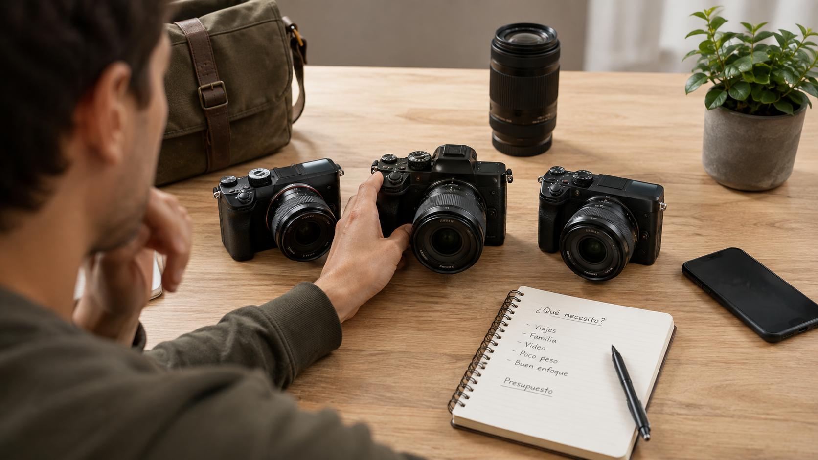 Persona comparando cámaras mirrorless para elegir su primera cámara