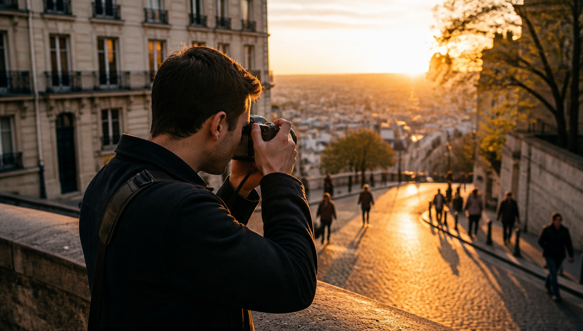 Persona aprendiendo fotografía con su primera cámara durante una caminata por la ciudad
