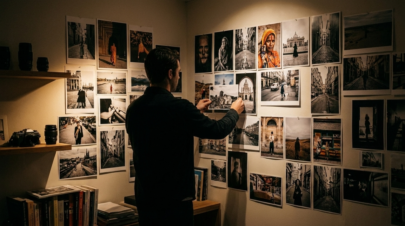 Fotógrafo organizando sus imágenes impresas como parte de su pasión por la fotografía