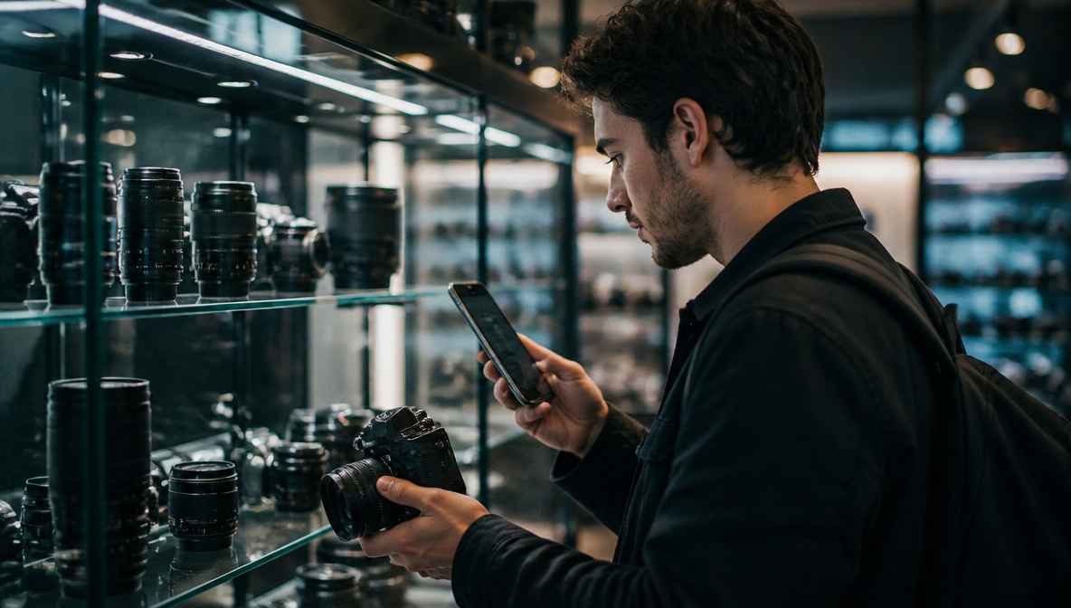 Persona comparando precios y opciones antes de comprar equipo fotográfico