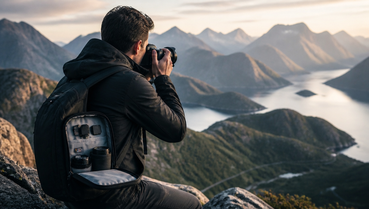 Fotógrafo usando equipo esencial durante una sesión al aire libre