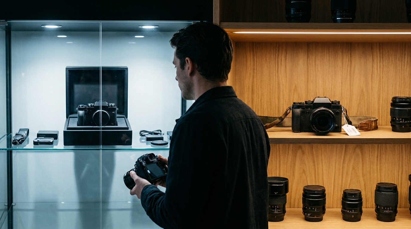 Comprador comparando una cámara nueva con una cámara usada en una tienda de fotografía