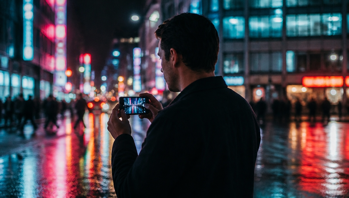 Persona tomando una fotografía nocturna con un celular en una calle iluminada