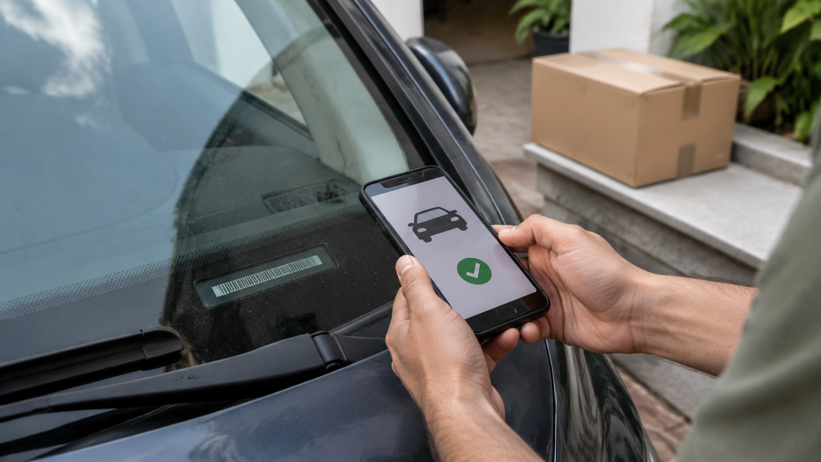 Persona verificando con su celular el VIN de un automóvil antes de comprar una autoparte compatible.