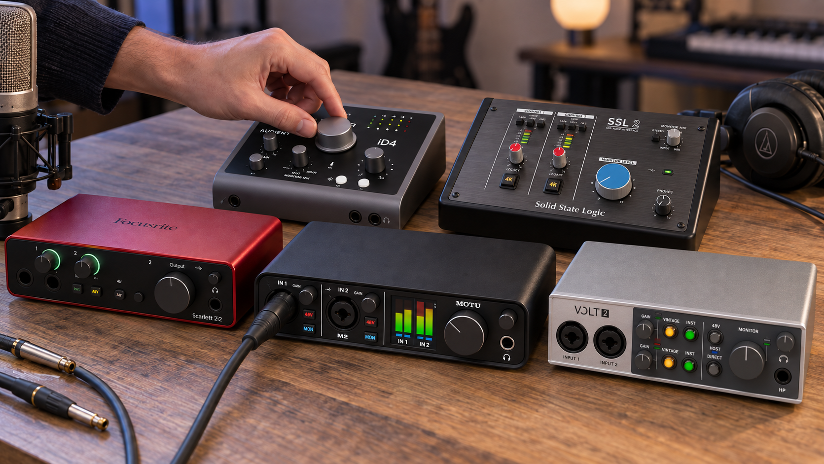 Comparativa de interfaces de audio Focusrite Scarlett 2i2, Audient iD4, MOTU M2, Universal Audio Volt 2 y SSL 2 para home studio