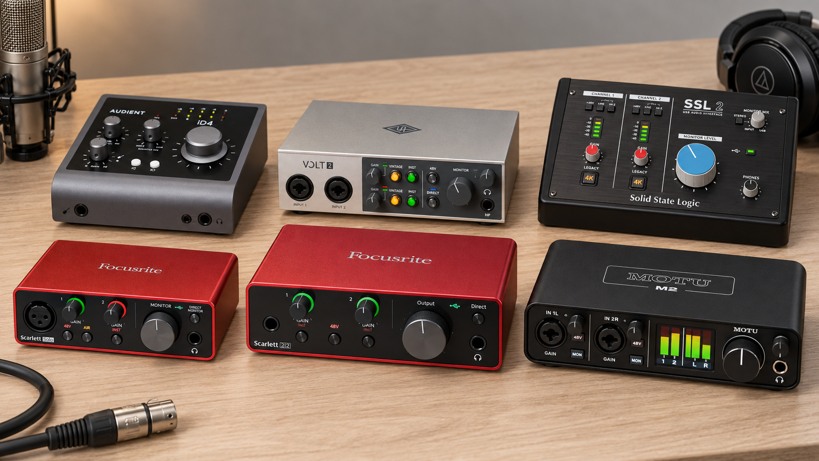 Comparativa de interfaces Focusrite Scarlett Solo y 2i2, Audient iD4, MOTU M2, Universal Audio Volt 2 y SSL 2 para home studio