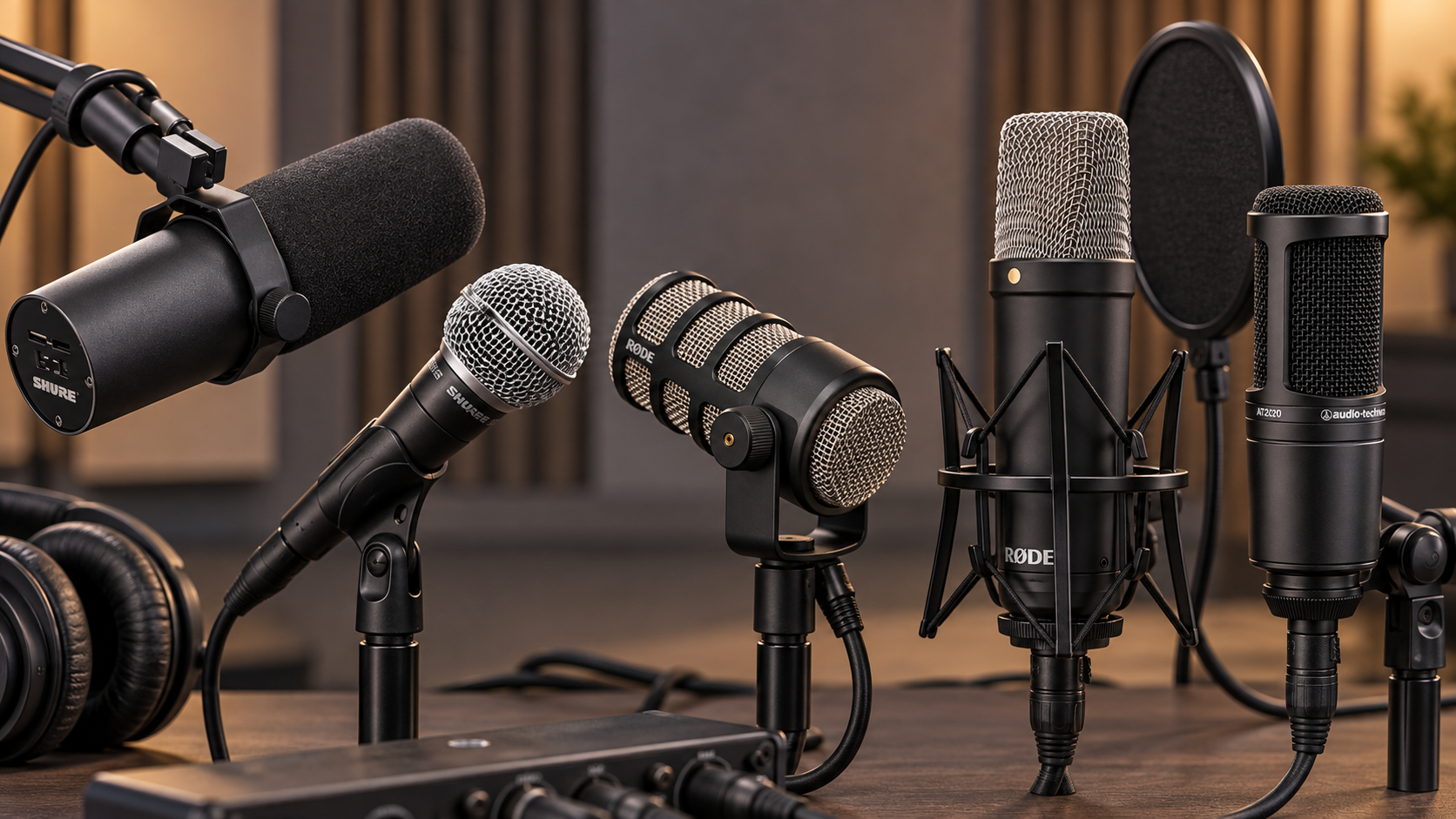 Comparación de micrófonos dinámicos Shure SM7B, SM58 y RØDE PodMic frente a condensadores RØDE NT1 y Audio-Technica AT2020