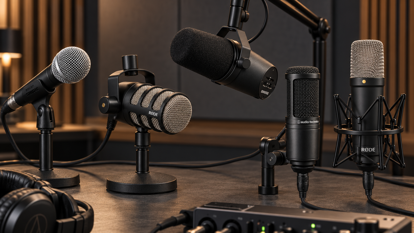 Comparación de micrófonos Shure SM58, RØDE PodMic, Shure SM7B, Audio-Technica AT2020 y RØDE NT1 para home studio y podcast