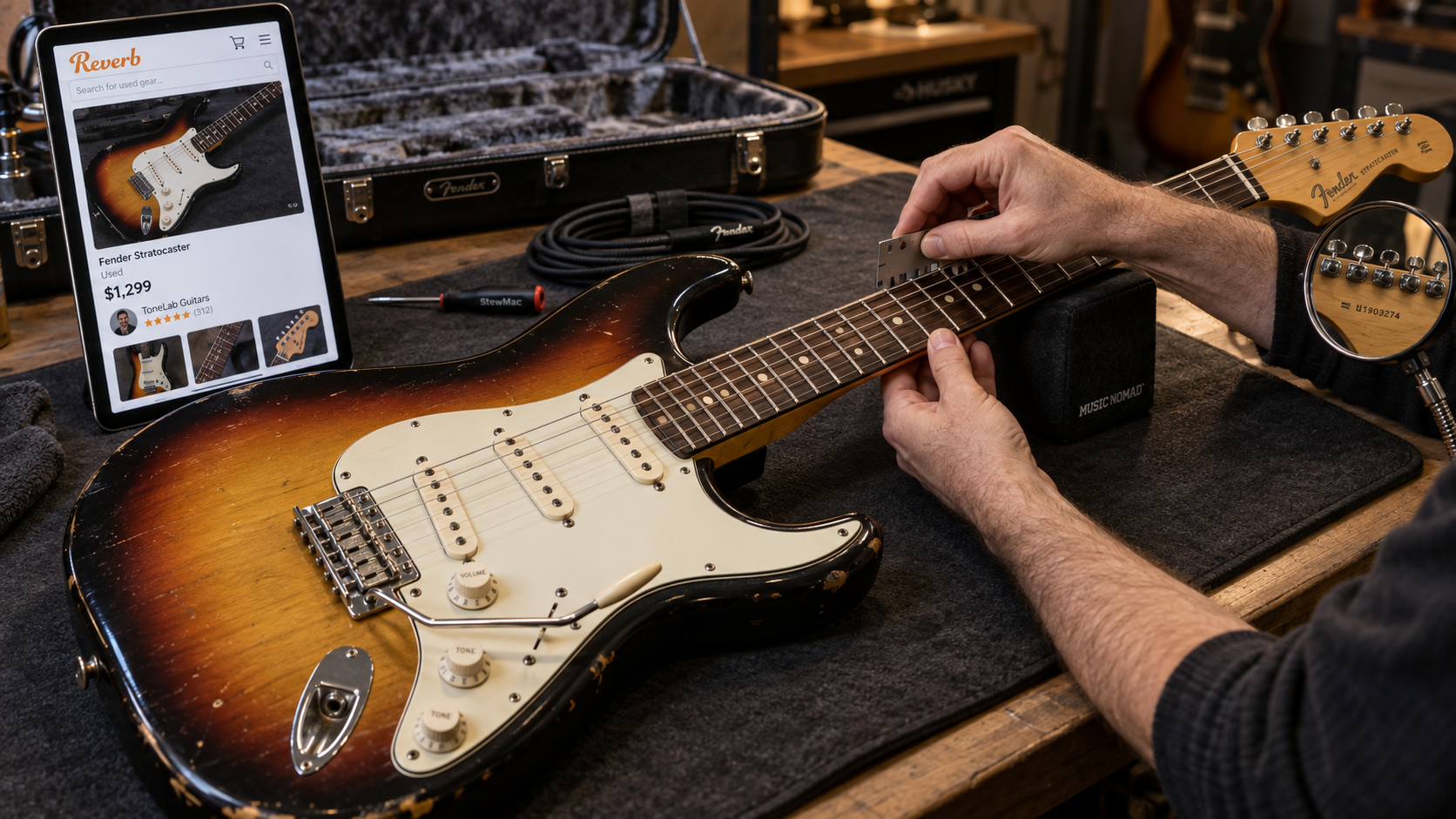 Persona inspeccionando una guitarra Fender o Gibson usada mientras revisa su publicación en Reverb antes de comprarla