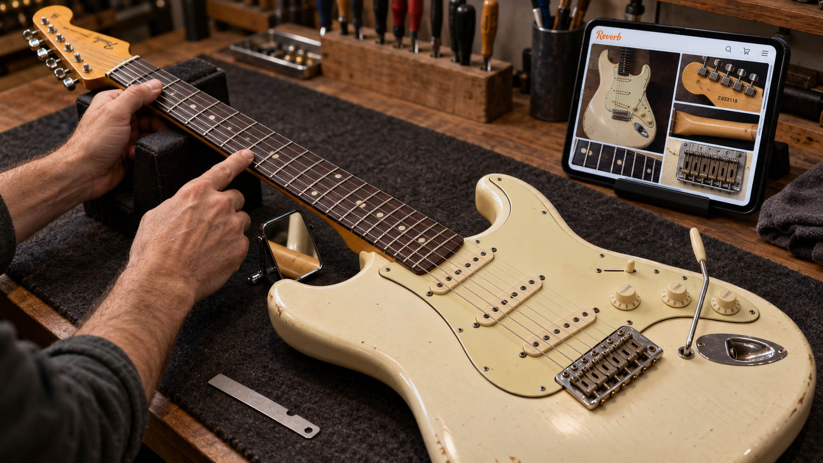 Inspección detallada de una guitarra usada en Reverb mostrando trastes, mástil, pala y número de serie