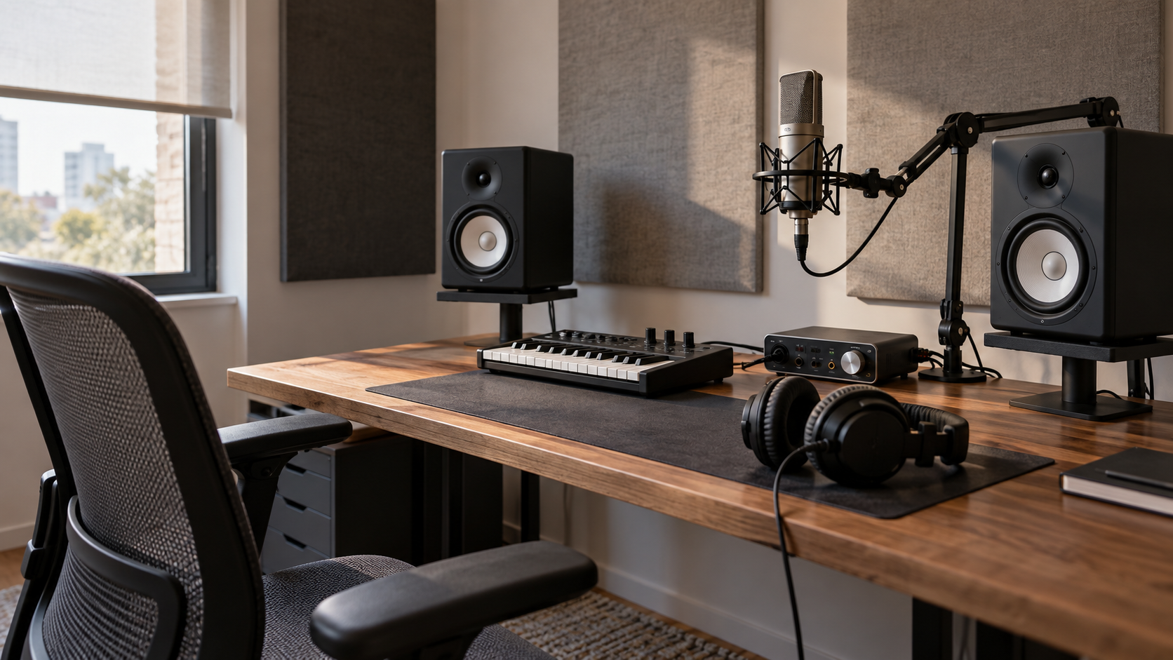 Home studio con interfaz de audio, micrófono, monitores, audífonos y controlador MIDI