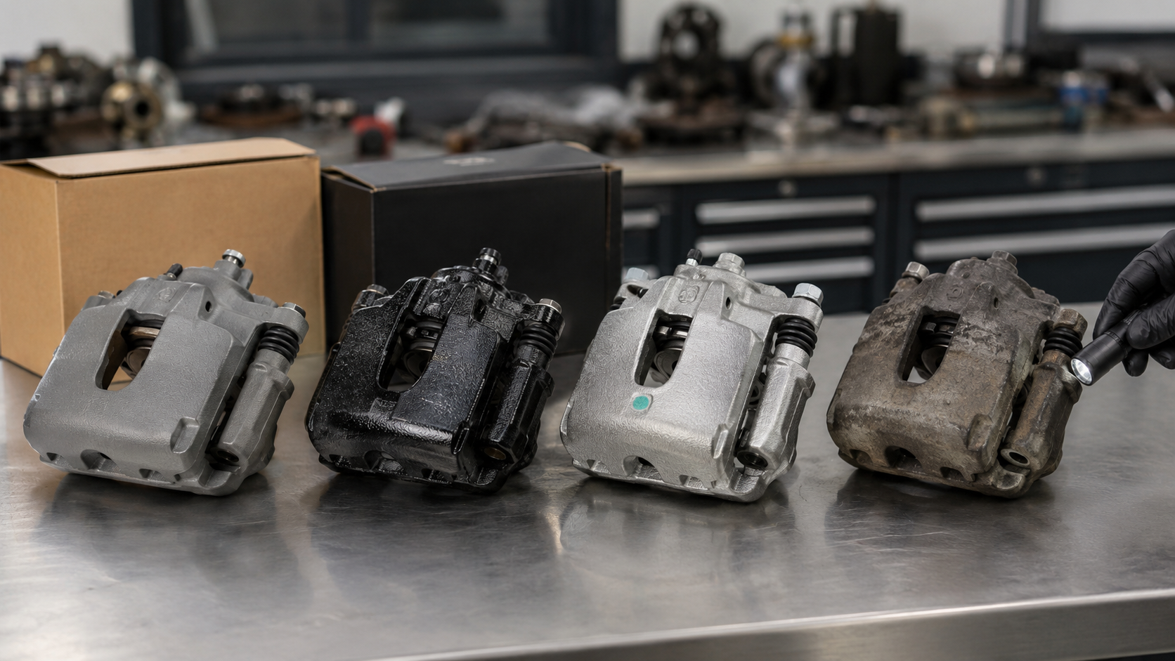 Comparación de cálipers de freno OEM, aftermarket, remanufacturado y usado en un taller profesional.