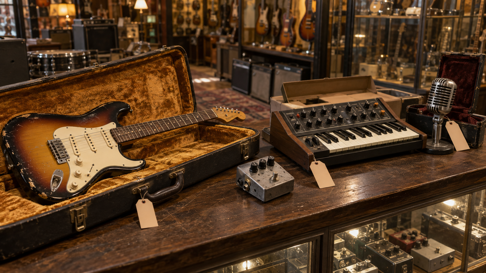 Guitarra, sintetizador, pedal y micrófono usados y vintage en una tienda especializada de instrumentos