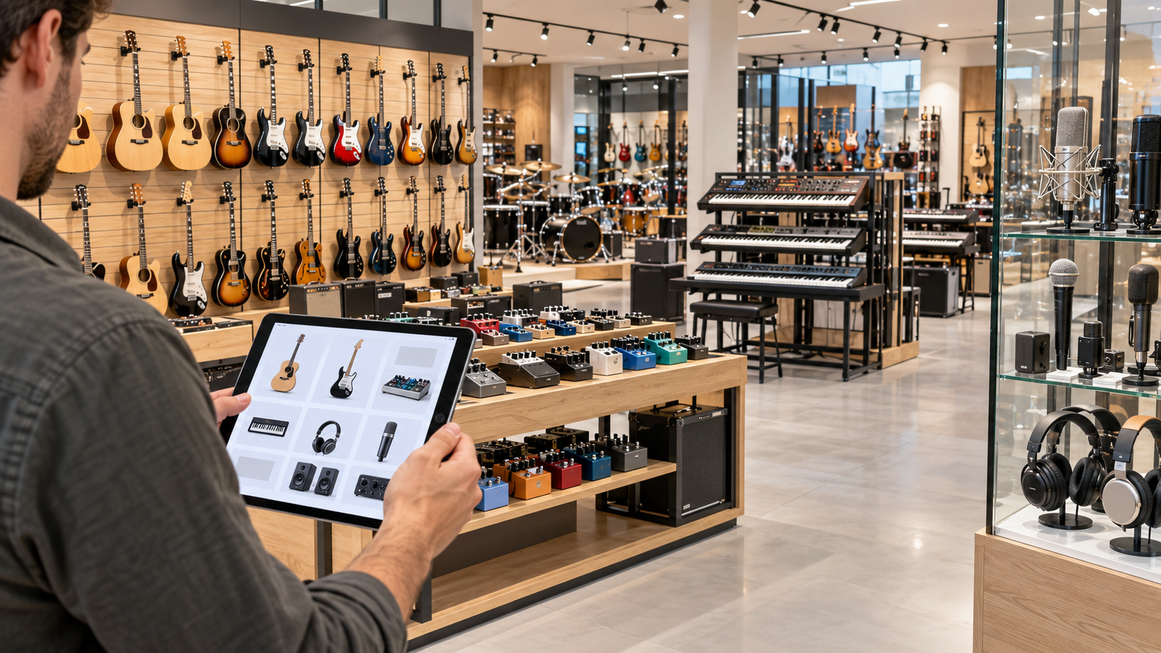Tienda especializada con guitarras, sintetizadores y equipo de audio para comparar antes de comprar