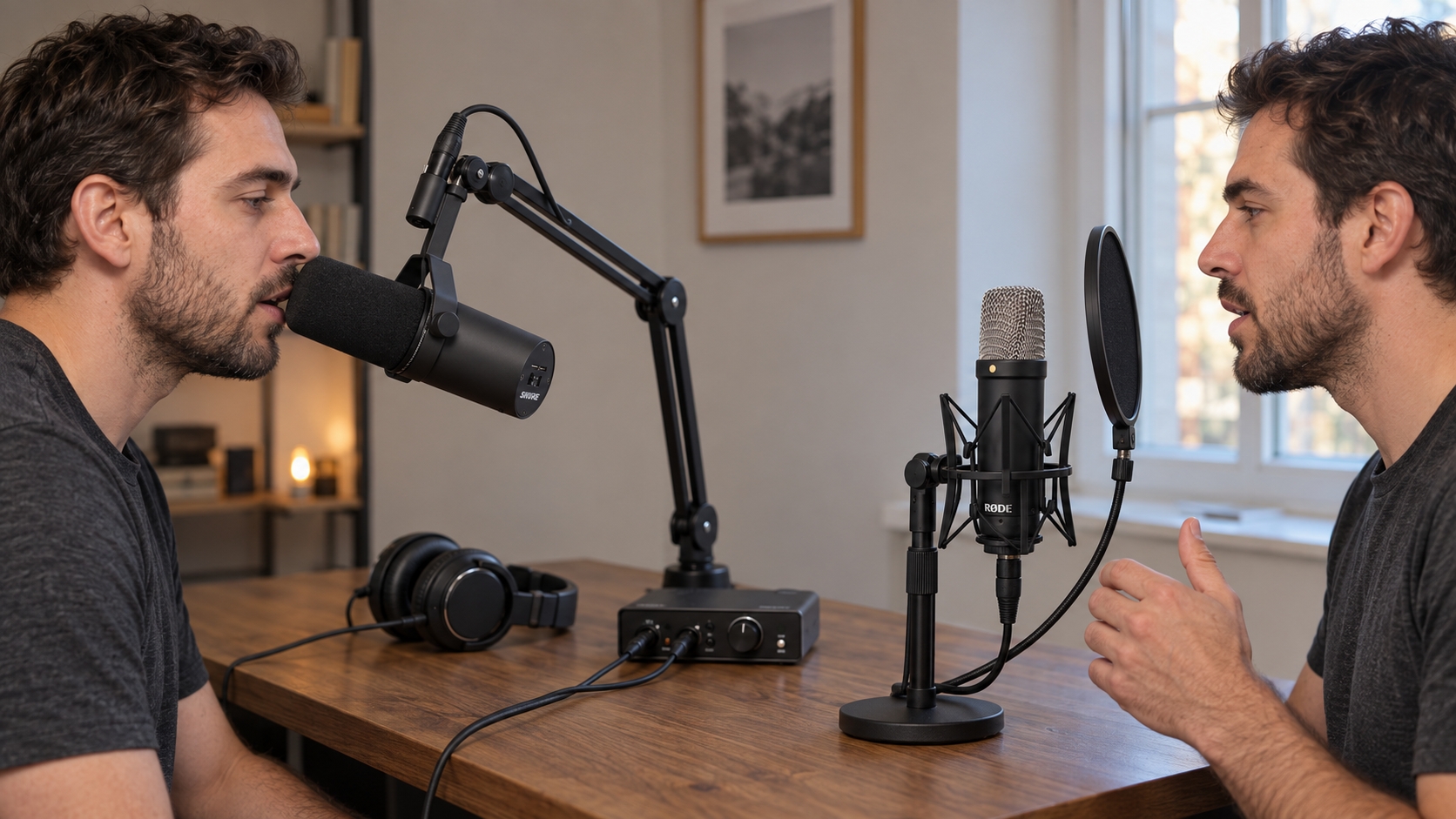 Persona comparando un micrófono dinámico Shure SM7B o RØDE PodMic con un condensador RØDE NT1 o Audio-Technica AT2020 en un home studio