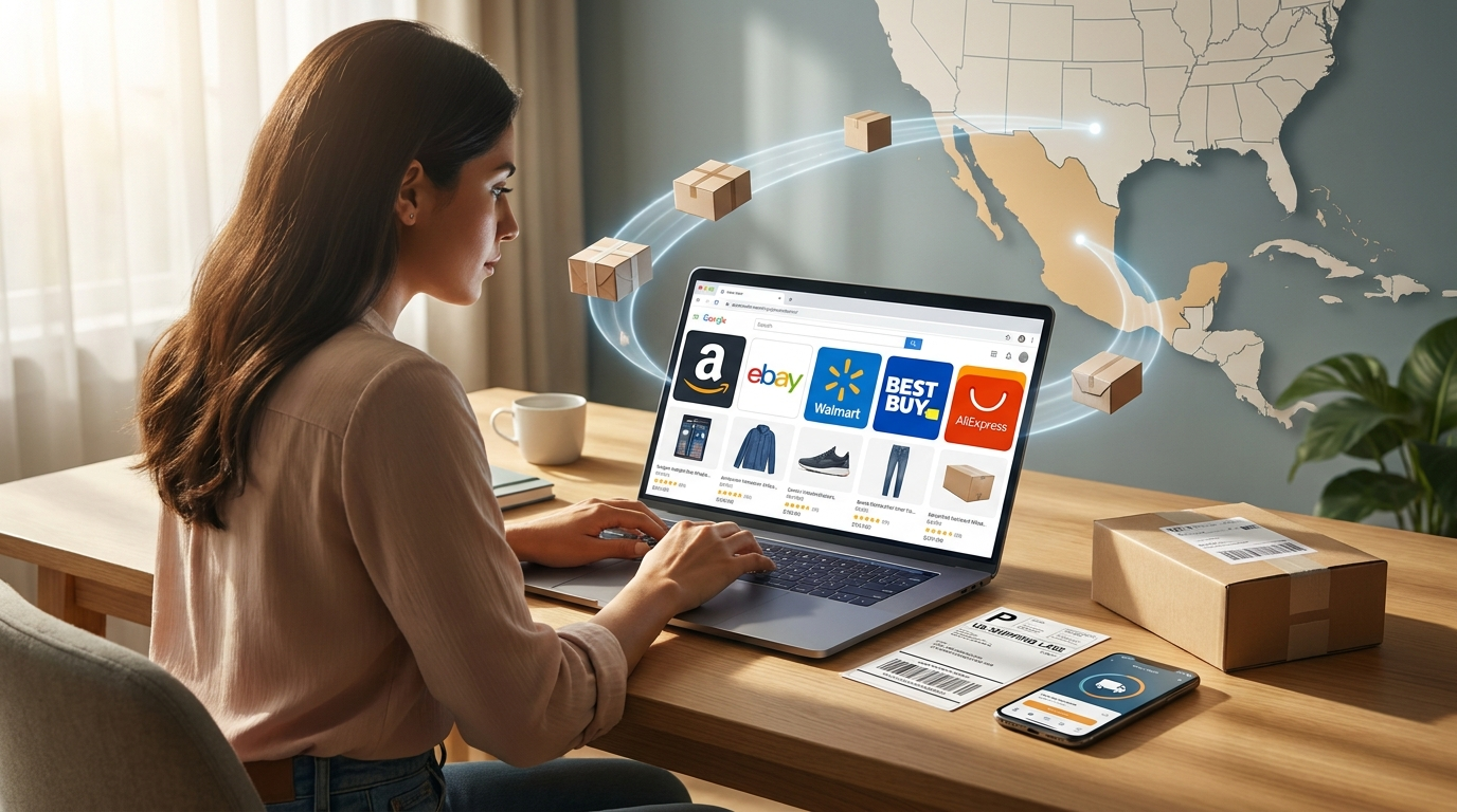 Persona en México comprando en Amazon, eBay y otras tiendas internacionales con paquetes viajando desde Estados Unidos