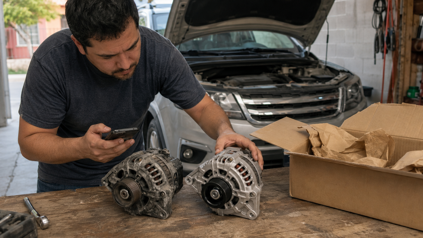 Persona comparando un alternador usado con uno nuevo junto a un automóvil con el cofre abierto.